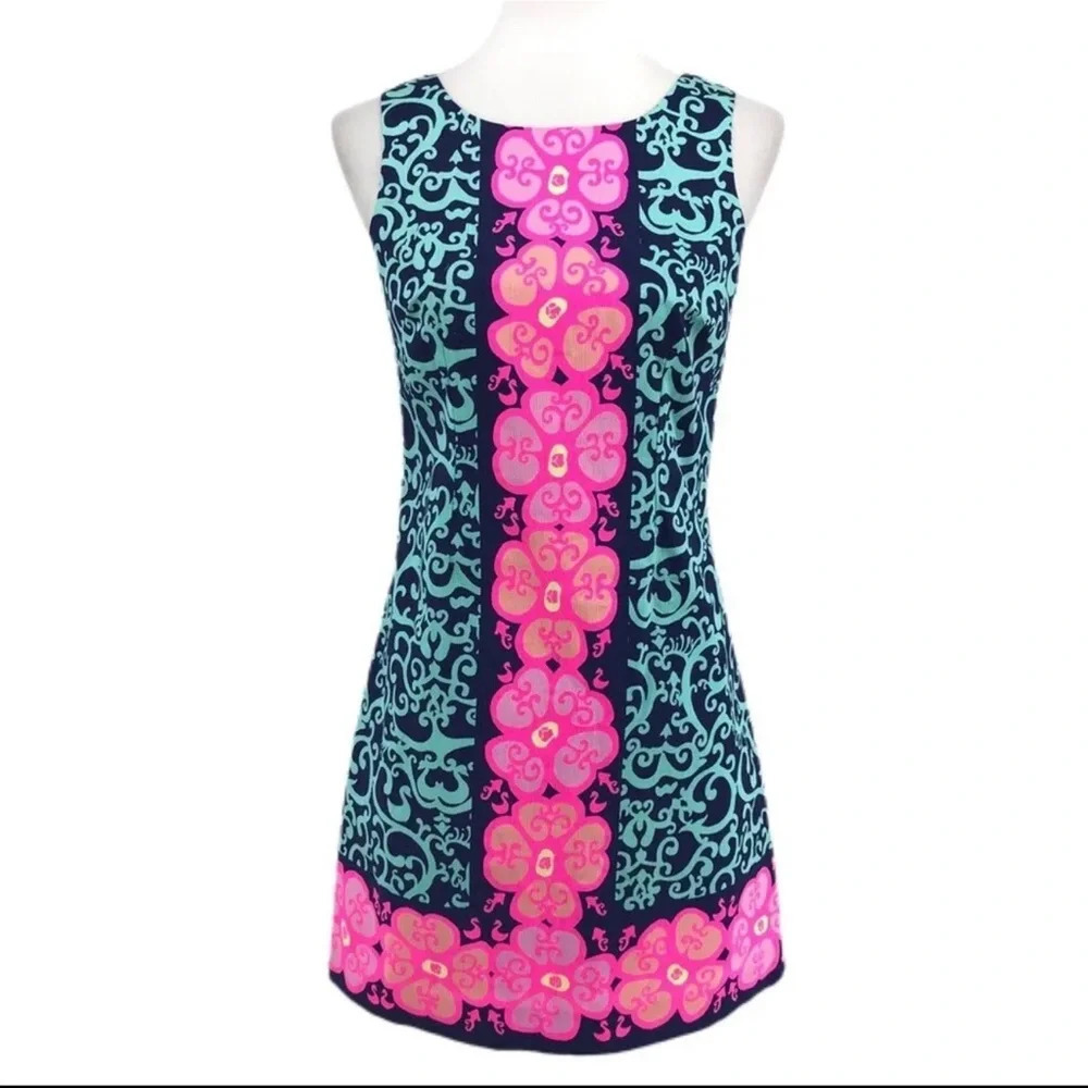 ! Women's Lilly Pulitzer Delia Pink Blue Fountain Hopping Sleeveless Shift…